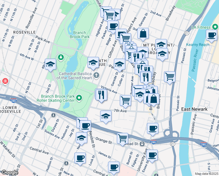 map of restaurants, bars, coffee shops, grocery stores, and more near 39 6th Avenue in Newark
