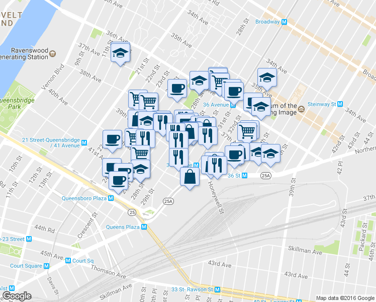 map of restaurants, bars, coffee shops, grocery stores, and more near 38-26 30th Street in Queens