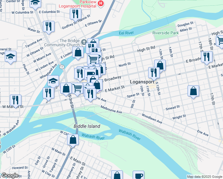 map of restaurants, bars, coffee shops, grocery stores, and more near 706 East Market Street in Logansport