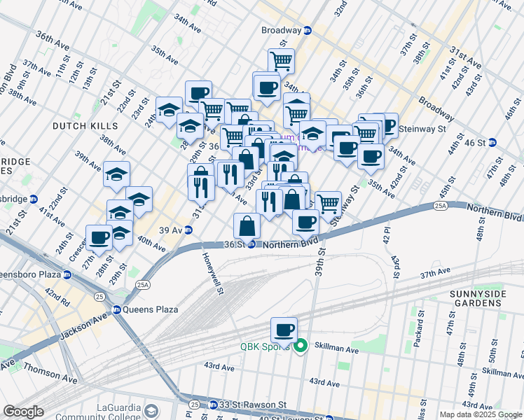 map of restaurants, bars, coffee shops, grocery stores, and more near 3708 34th Street in Queens