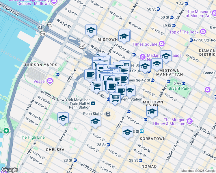 map of restaurants, bars, coffee shops, grocery stores, and more near 334 West 36th Street in New York