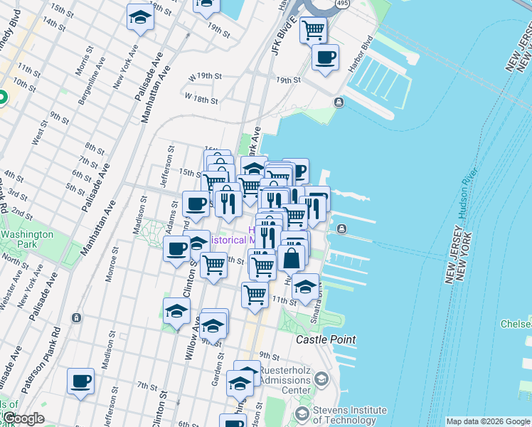 map of restaurants, bars, coffee shops, grocery stores, and more near 108 14th Street in Hoboken