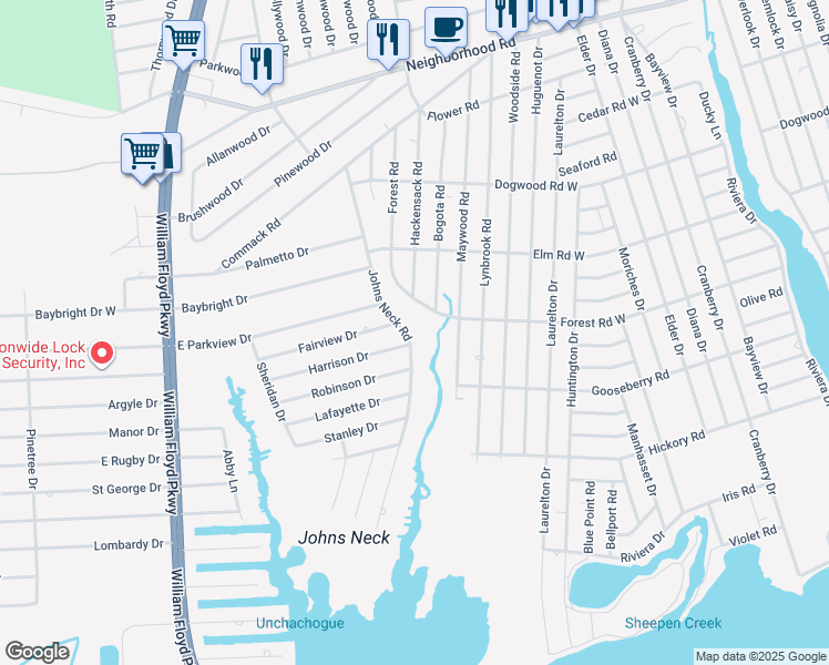 map of restaurants, bars, coffee shops, grocery stores, and more near 67 Johns Neck Road in Shirley