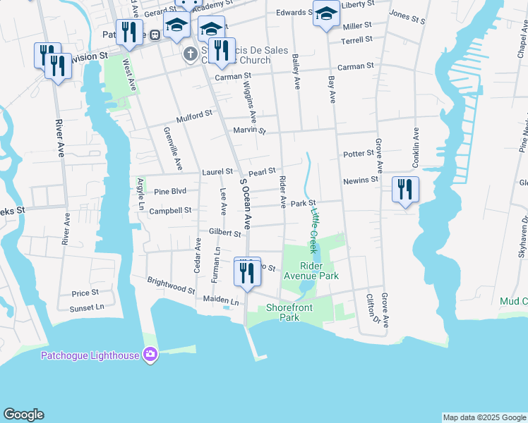 map of restaurants, bars, coffee shops, grocery stores, and more near 14 Park Street in Patchogue