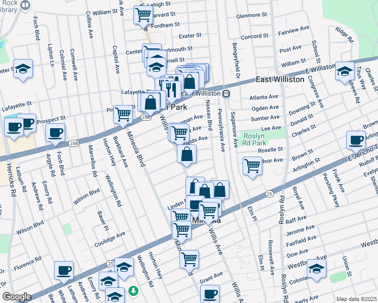 map of restaurants, bars, coffee shops, grocery stores, and more near 124 Mc Clellan Avenue in Mineola