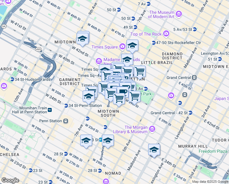 map of restaurants, bars, coffee shops, grocery stores, and more near 1412 Broadway in New York
