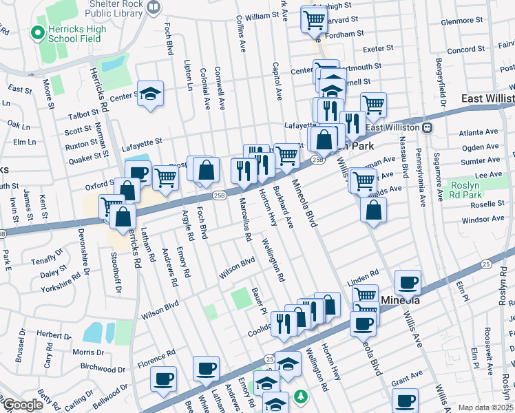 map of restaurants, bars, coffee shops, grocery stores, and more near 19 York Place in Williston Park