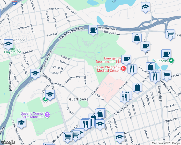 map of restaurants, bars, coffee shops, grocery stores, and more near 264-9 Langston Avenue in Queens
