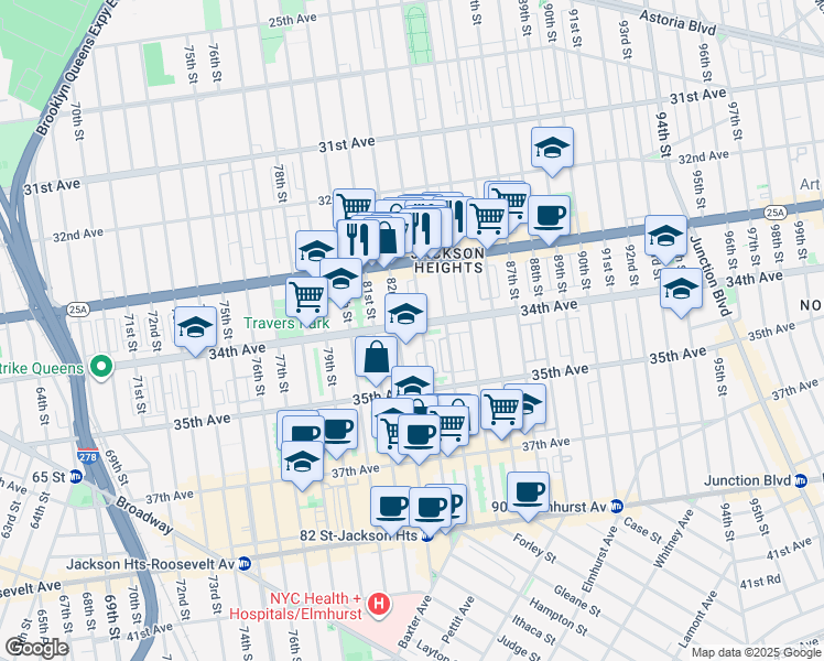map of restaurants, bars, coffee shops, grocery stores, and more near 34-9 83rd Street in Queens