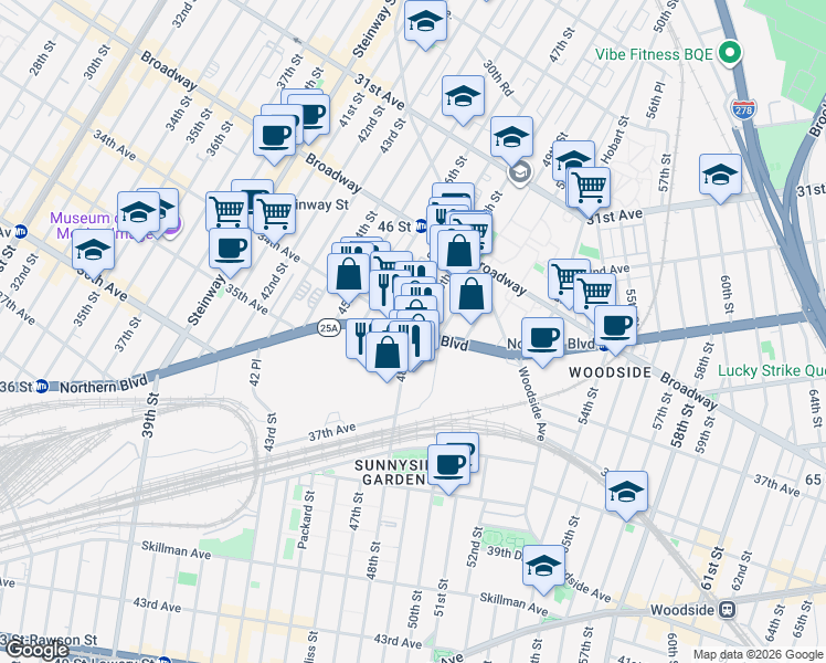 map of restaurants, bars, coffee shops, grocery stores, and more near Northern Blvd & 48th St in Queens