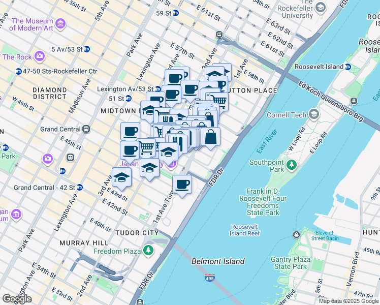 map of restaurants, bars, coffee shops, grocery stores, and more near 885 1st Avenue in New York