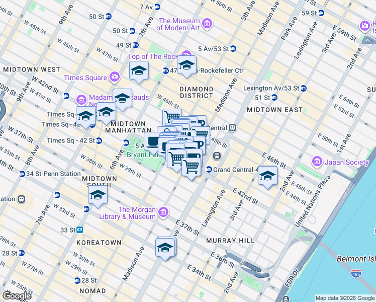 map of restaurants, bars, coffee shops, grocery stores, and more near 6 East 43rd Street in New York