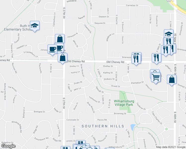 map of restaurants, bars, coffee shops, grocery stores, and more near 5818 Brittany Place in Lincoln