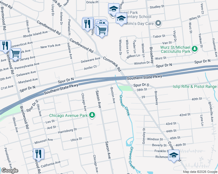 map of restaurants, bars, coffee shops, grocery stores, and more near 1439 Boston Avenue in Bay Shore