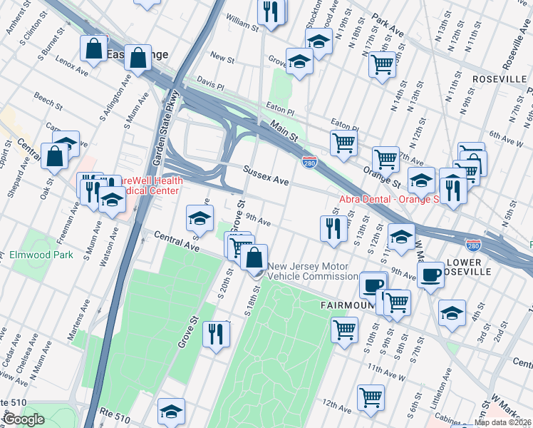 map of restaurants, bars, coffee shops, grocery stores, and more near 96 Hollywood Avenue in East Orange