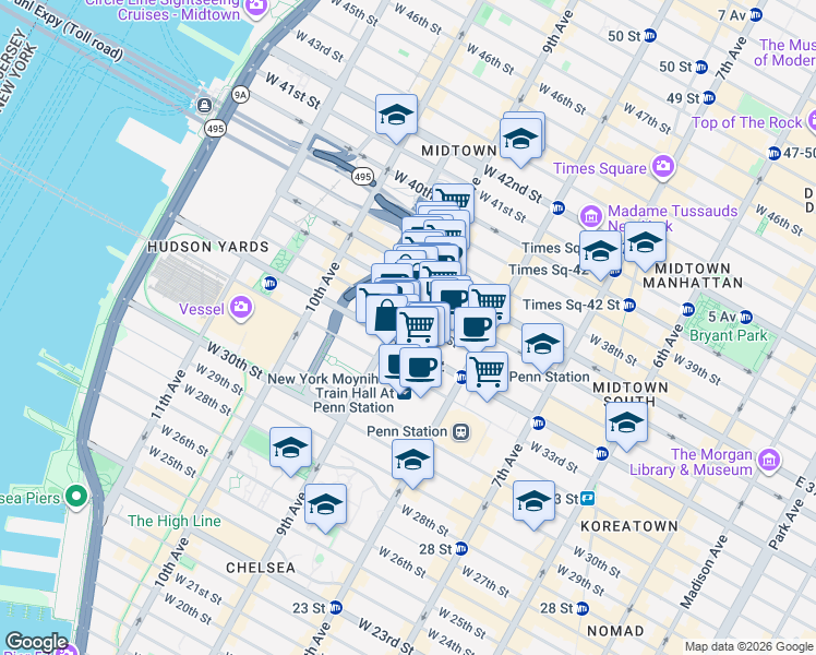 map of restaurants, bars, coffee shops, grocery stores, and more near 440 9th Avenue in New York
