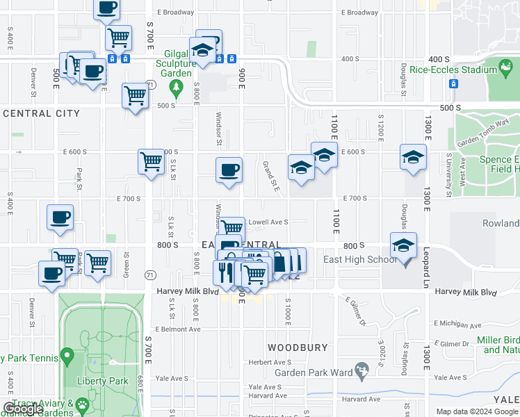 map of restaurants, bars, coffee shops, grocery stores, and more near 932 East 700 South in Salt Lake City