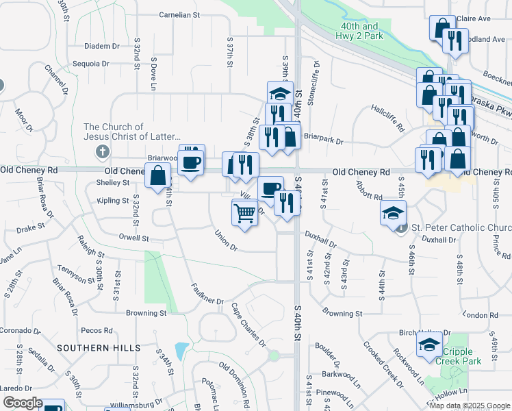 map of restaurants, bars, coffee shops, grocery stores, and more near 3800 Village Drive in Lincoln