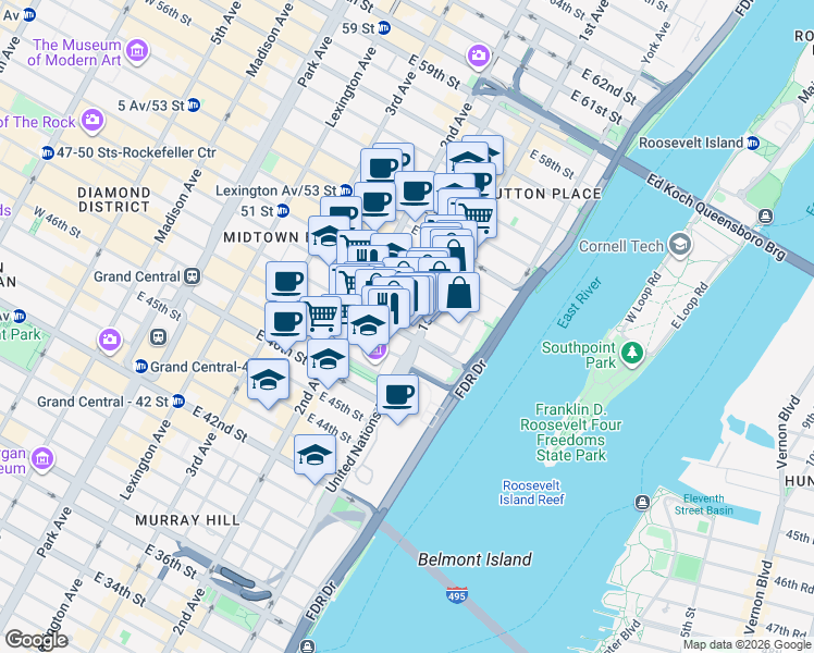 map of restaurants, bars, coffee shops, grocery stores, and more near 885 1st Avenue in New York