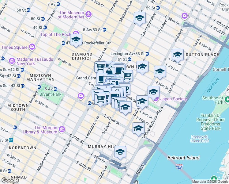 map of restaurants, bars, coffee shops, grocery stores, and more near 140 East 46th Street in New York