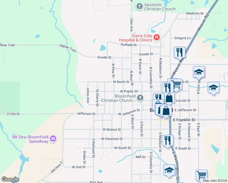 map of restaurants, bars, coffee shops, grocery stores, and more near 601 West Poplar Street in Bloomfield