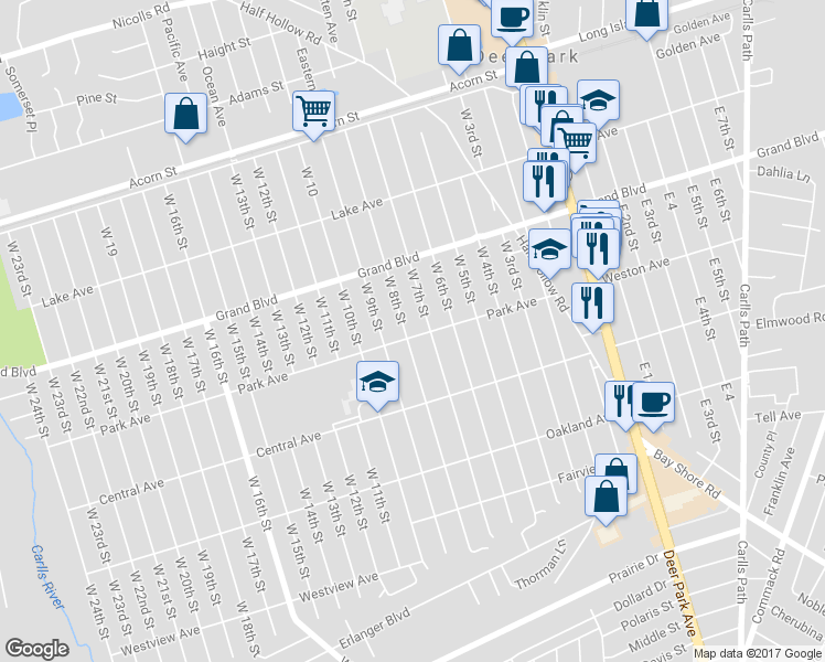map of restaurants, bars, coffee shops, grocery stores, and more near 193 Park Avenue in Deer Park