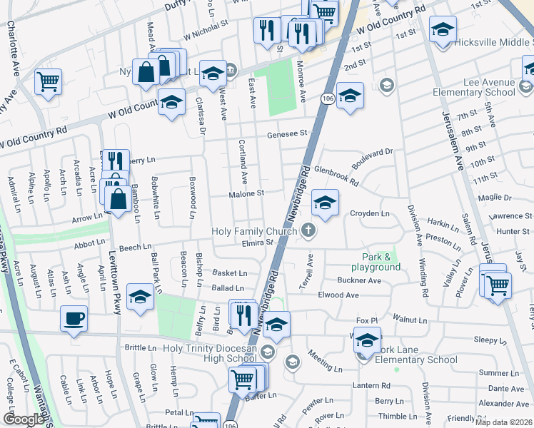 map of restaurants, bars, coffee shops, grocery stores, and more near 158 East Avenue in Hicksville