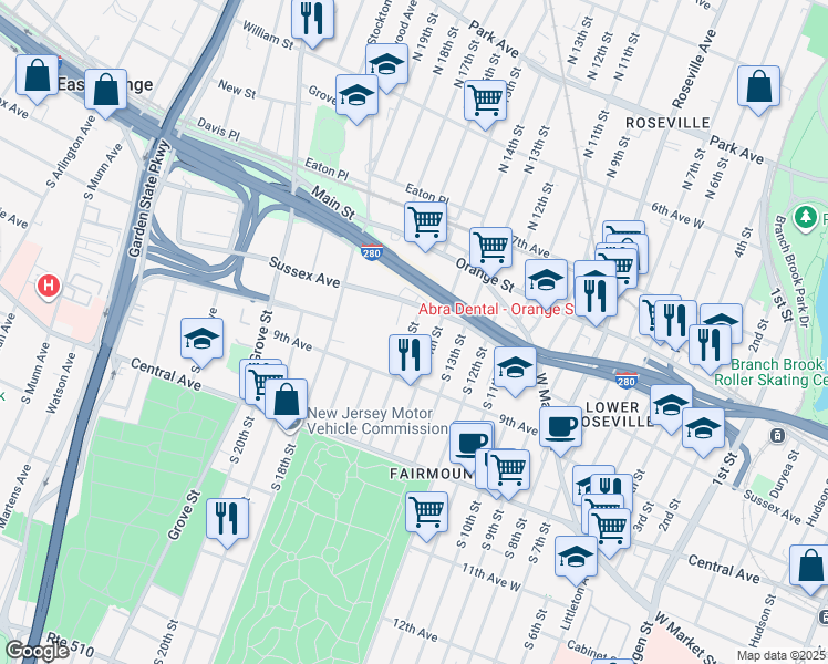 map of restaurants, bars, coffee shops, grocery stores, and more near 26 South 15th Street in Newark