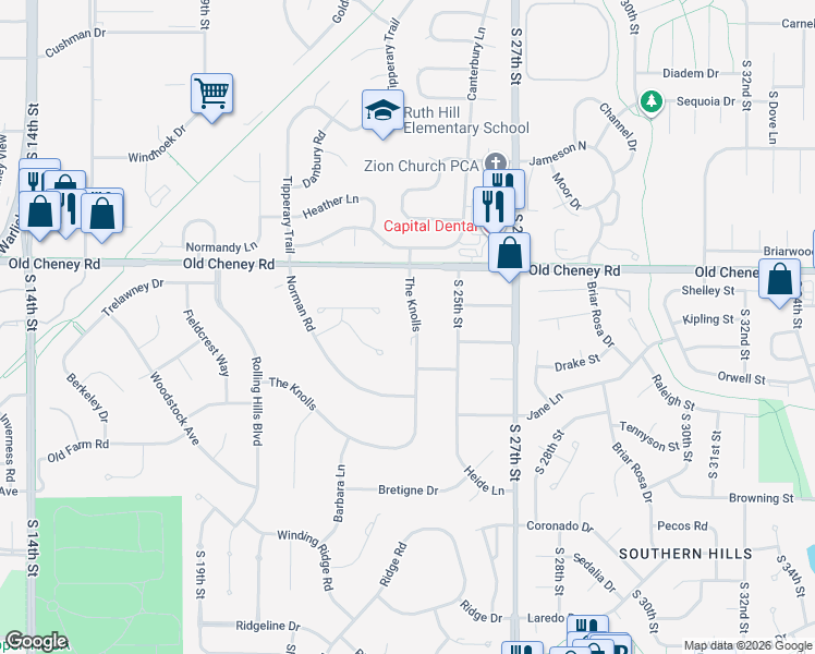 map of restaurants, bars, coffee shops, grocery stores, and more near 5901 The Knolls in Lincoln