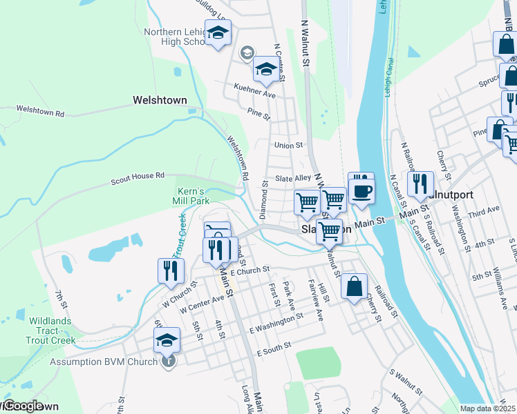 map of restaurants, bars, coffee shops, grocery stores, and more near 406 Chestnut Street in Slatington