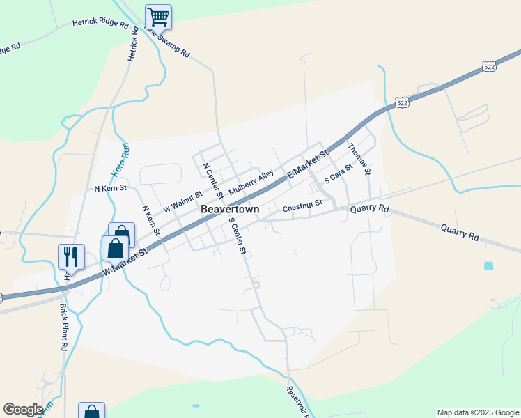 map of restaurants, bars, coffee shops, grocery stores, and more near 121 North Sassafras Street in Beavertown