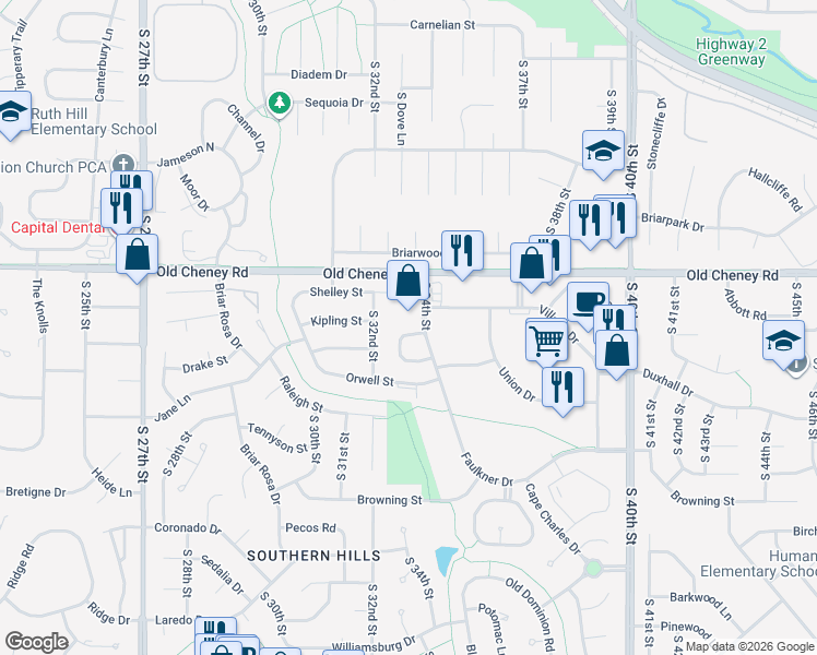 map of restaurants, bars, coffee shops, grocery stores, and more near 3320 Jamestown Road in Lincoln