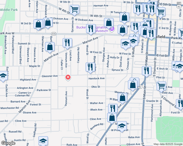 map of restaurants, bars, coffee shops, grocery stores, and more near 262 Glessner Avenue in Mansfield
