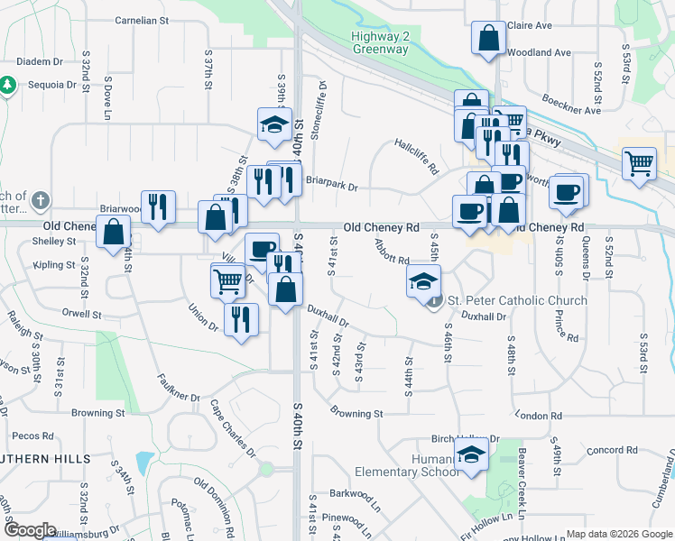 map of restaurants, bars, coffee shops, grocery stores, and more near 4100 Kipling Pl in Lincoln