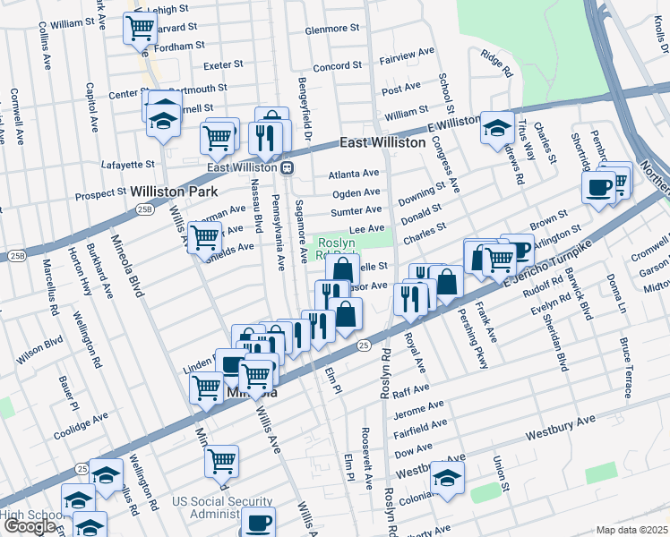 map of restaurants, bars, coffee shops, grocery stores, and more near 35 Roselle Street in Mineola