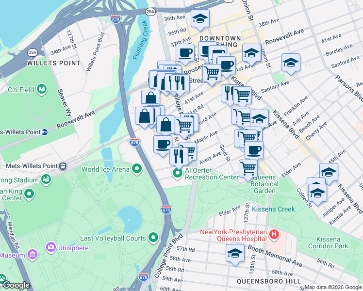 map of restaurants, bars, coffee shops, grocery stores, and more near in Queens