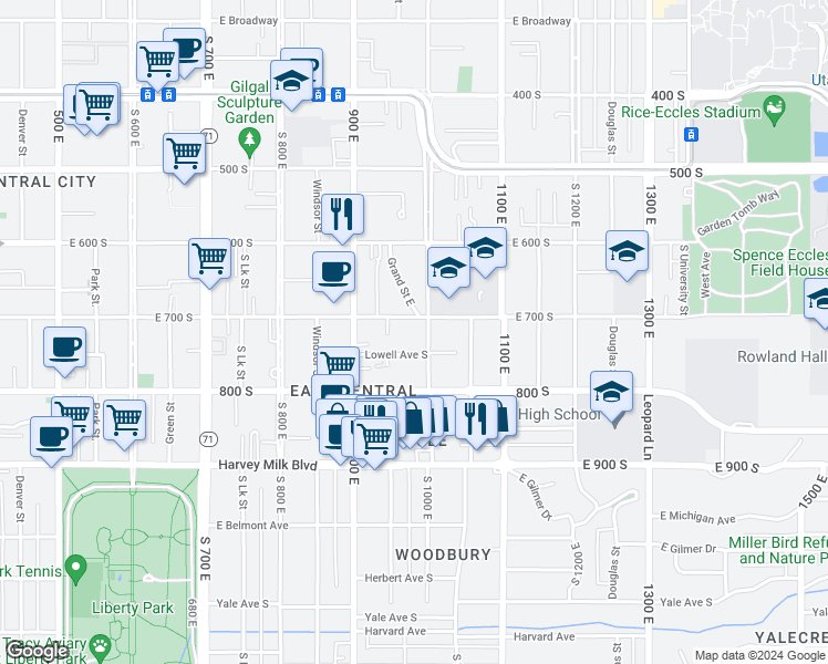 map of restaurants, bars, coffee shops, grocery stores, and more near 724 South 1000 East in Salt Lake City