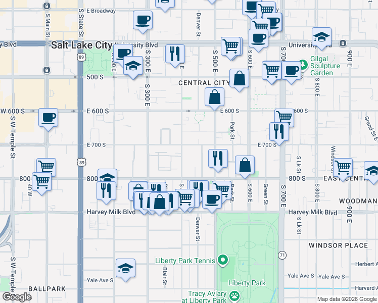 map of restaurants, bars, coffee shops, grocery stores, and more near 707 South 400 East in Salt Lake City