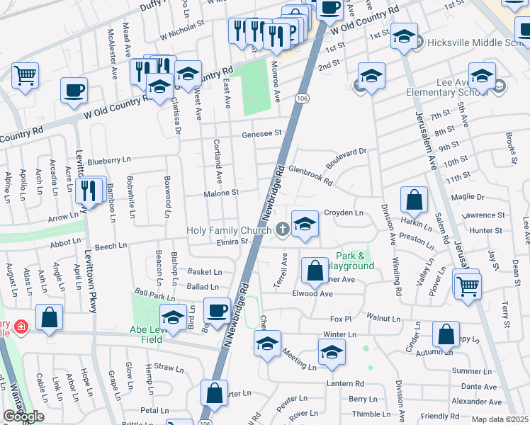 map of restaurants, bars, coffee shops, grocery stores, and more near in Hicksville