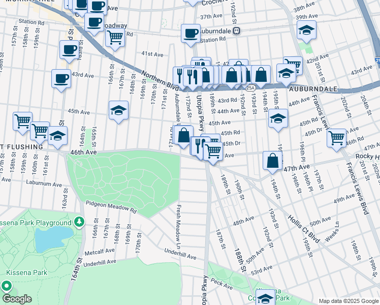 map of restaurants, bars, coffee shops, grocery stores, and more near 171-65 46th Avenue in Queens