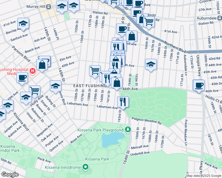 map of restaurants, bars, coffee shops, grocery stores, and more near 4608 161 Street in Queens