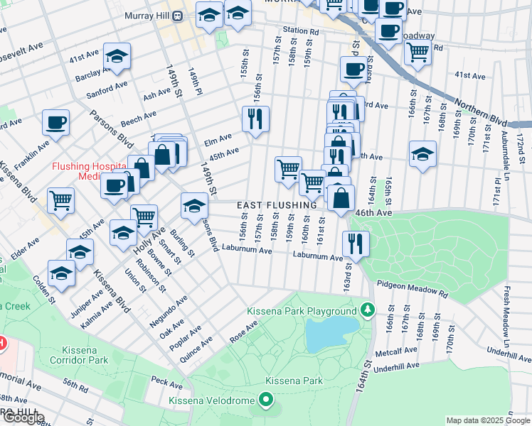 map of restaurants, bars, coffee shops, grocery stores, and more near 46-18 158th Street in Queens
