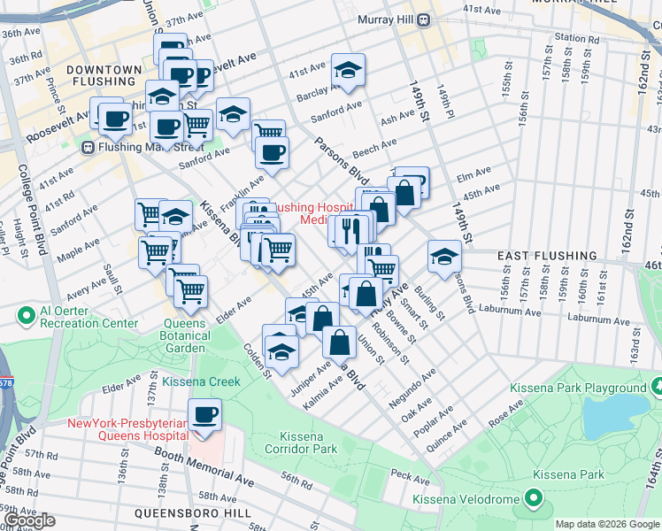 map of restaurants, bars, coffee shops, grocery stores, and more near 43-68 Robinson Street in Queens