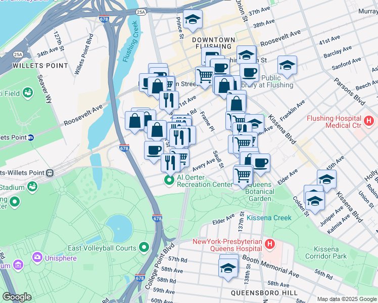 map of restaurants, bars, coffee shops, grocery stores, and more near 132-35 Pople Avenue in Queens