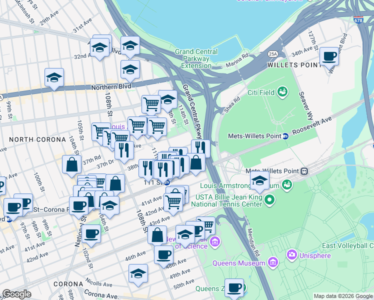 map of restaurants, bars, coffee shops, grocery stores, and more near 112-31 39th Avenue in Queens