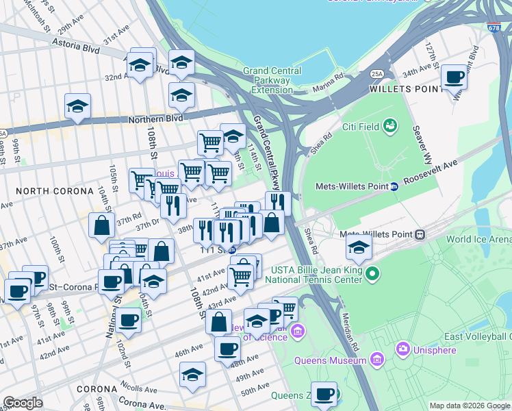 map of restaurants, bars, coffee shops, grocery stores, and more near 112-31 39th Avenue in Queens