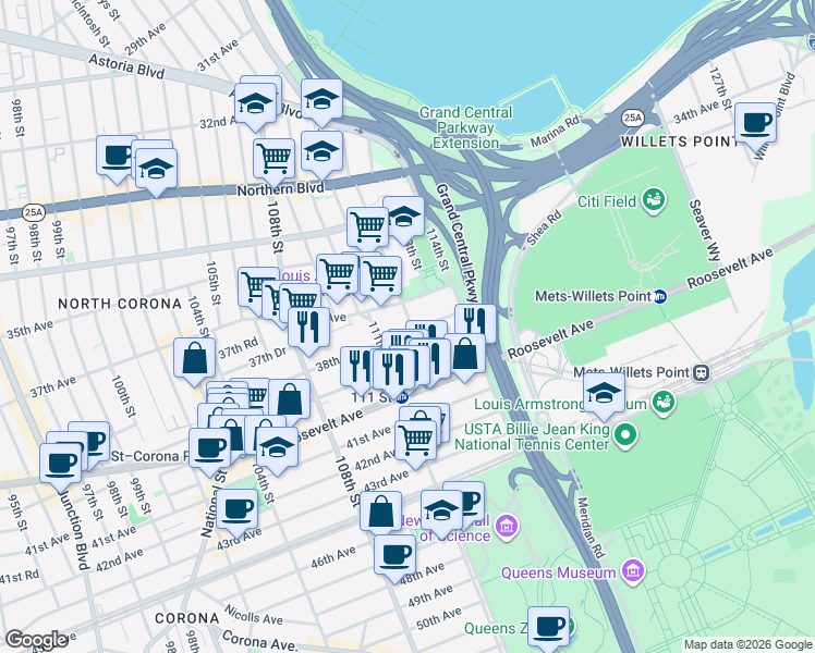 map of restaurants, bars, coffee shops, grocery stores, and more near 38-2 112th Street in Queens