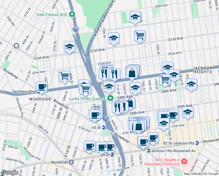 map of restaurants, bars, coffee shops, grocery stores, and more near 33-29 70th Street in Queens