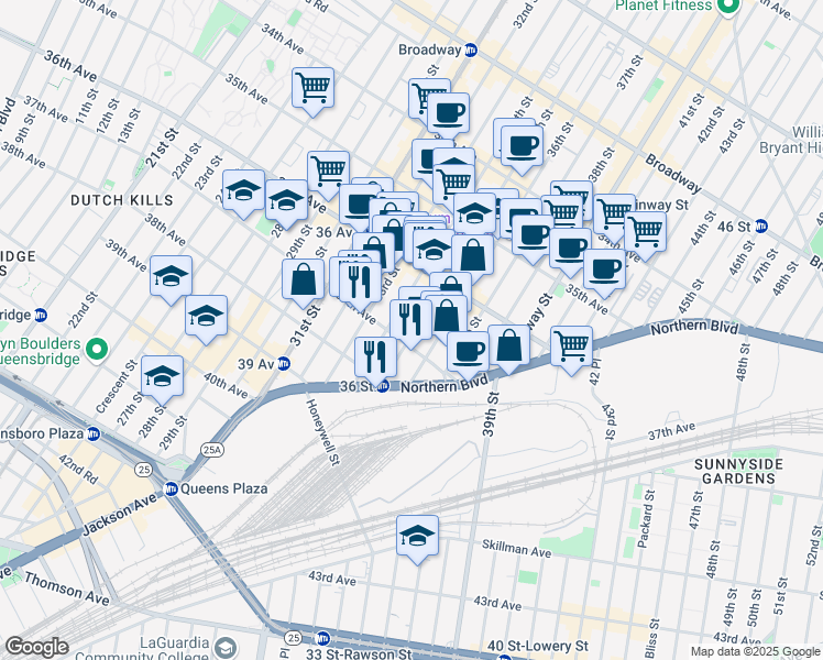 map of restaurants, bars, coffee shops, grocery stores, and more near 36-61 35th Street in Queens