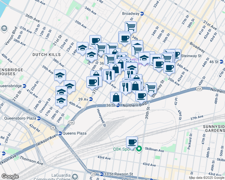 map of restaurants, bars, coffee shops, grocery stores, and more near 3708 34th Street in Queens